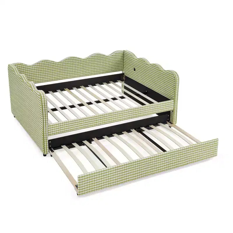 Full Size Gingham Daybed with USB Port & Pull-Out Trundle, Wave Shaped Bed Frame for Bedroom and Living Room.