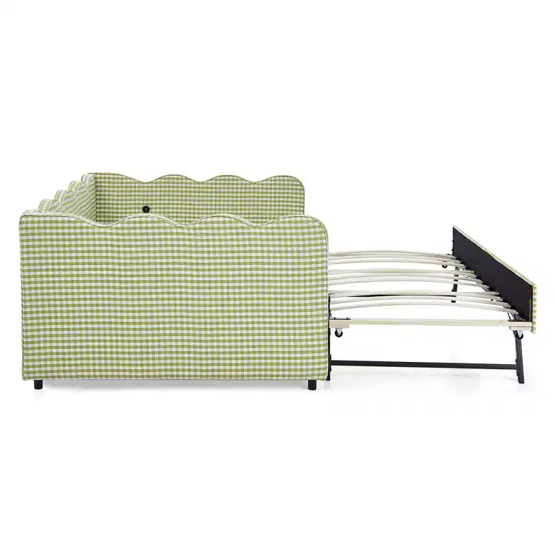 Full Size Gingham Daybed with USB Port & Pull-Out Trundle, Wave Shaped Bed Frame for Bedroom and Living Room.
