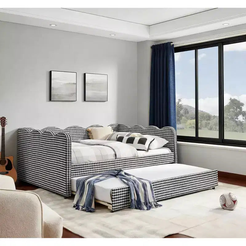 Full Size Gingham Daybed with USB Port & Pull-Out Trundle, Wave Shaped Bed Frame for Bedroom and Living Room.