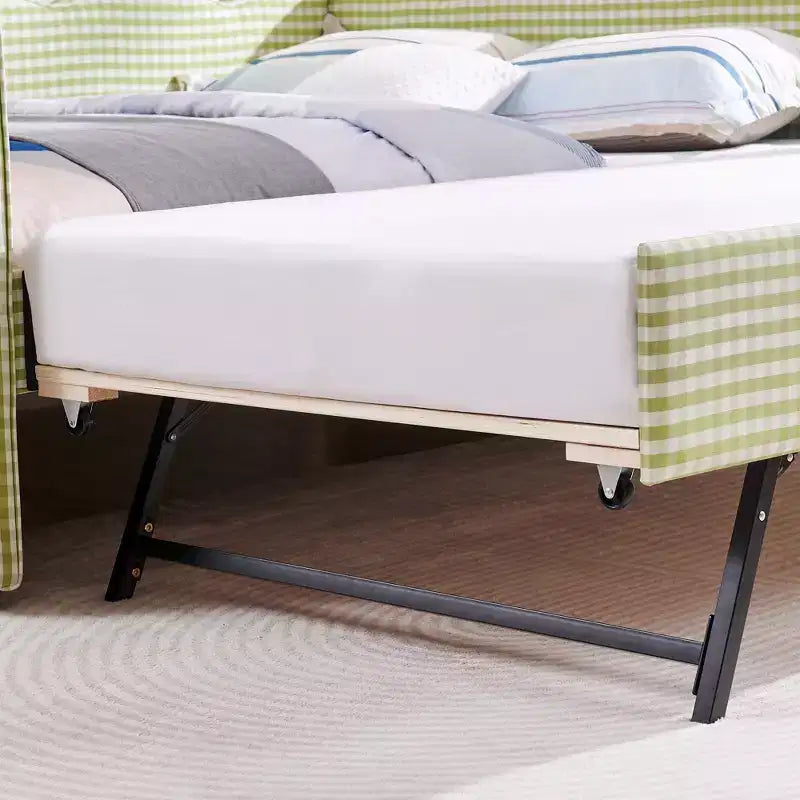 Full Size Gingham Daybed with USB Port & Pull-Out Trundle, Wave Shaped Bed Frame for Bedroom and Living Room.