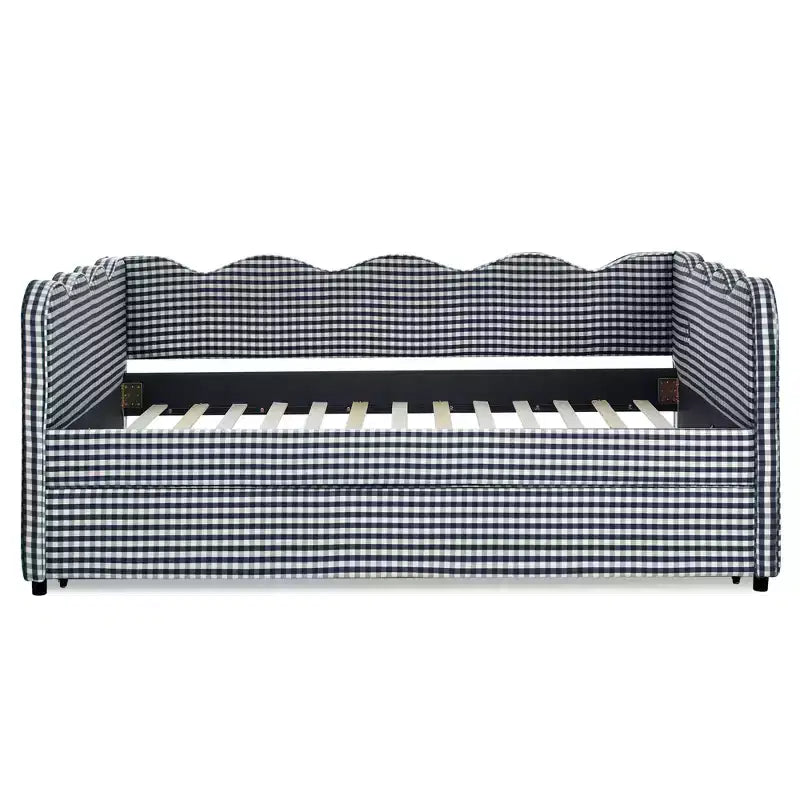 Full Size Gingham Daybed with USB Port & Pull-Out Trundle, Wave Shaped Bed Frame for Bedroom and Living Room.