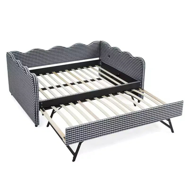 Full Size Gingham Daybed with USB Port & Pull-Out Trundle, Wave Shaped Bed Frame for Bedroom and Living Room.