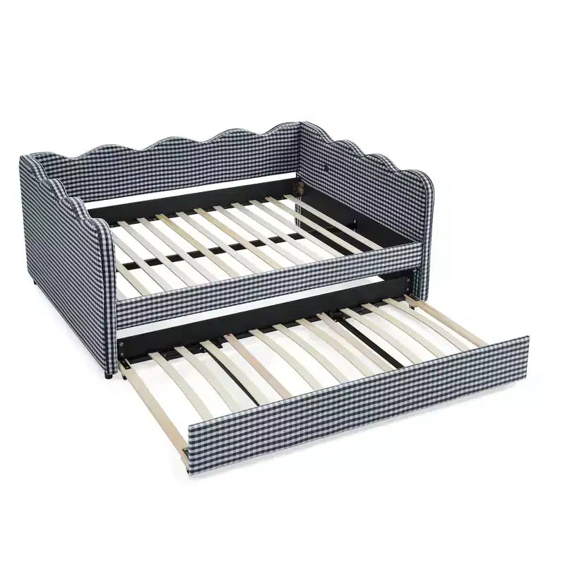Full Size Gingham Daybed with USB Port & Pull-Out Trundle, Wave Shaped Bed Frame for Bedroom and Living Room.