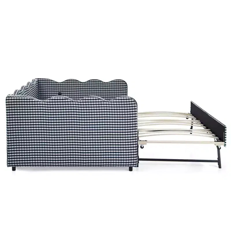 Full Size Gingham Daybed with USB Port & Pull-Out Trundle, Wave Shaped Bed Frame for Bedroom and Living Room.