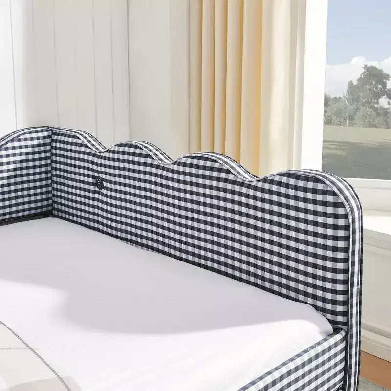 Full Size Gingham Daybed with USB Port & Pull-Out Trundle, Wave Shaped Bed Frame for Bedroom and Living Room.