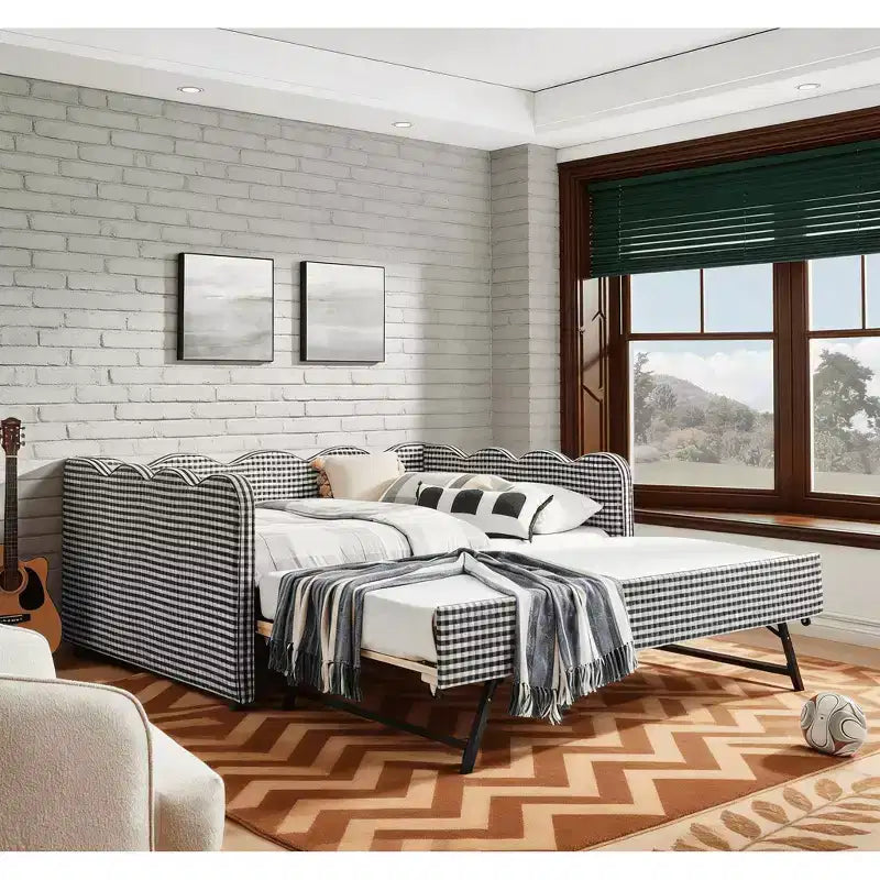 Full Size Gingham Daybed with USB Port & Pull-Out Trundle, Wave Shaped Bed Frame for Bedroom and Living Room.