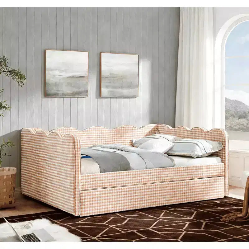 Full Size Gingham Daybed with USB Port & Pull-Out Trundle, Wave Shaped Bed Frame for Bedroom and Living Room.