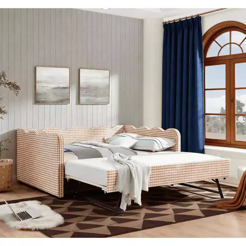 Full Size Gingham Daybed with USB Port & Pull-Out Trundle, Wave Shaped Bed Frame for Bedroom and Living Room.