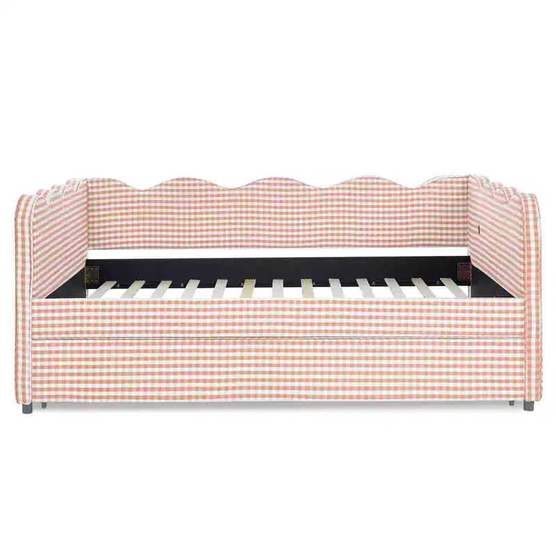 Full Size Gingham Daybed with USB Port & Pull-Out Trundle, Wave Shaped Bed Frame for Bedroom and Living Room.