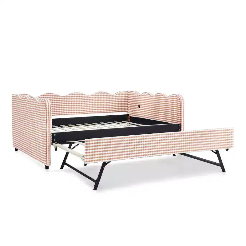 Full Size Gingham Daybed with USB Port & Pull-Out Trundle, Wave Shaped Bed Frame for Bedroom and Living Room.