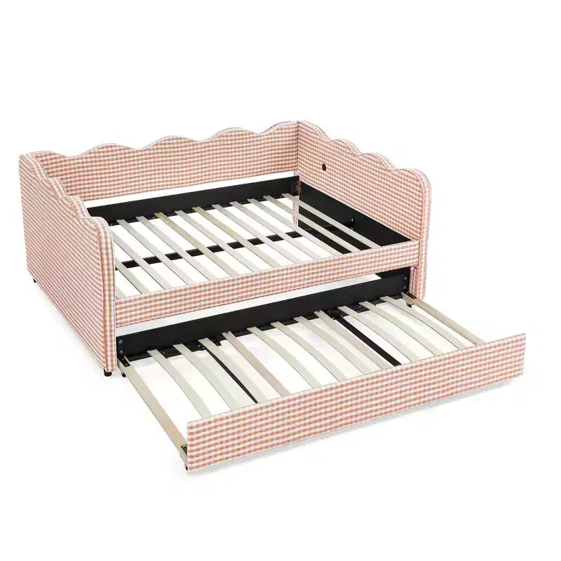 Full Size Gingham Daybed with USB Port & Pull-Out Trundle, Wave Shaped Bed Frame for Bedroom and Living Room.