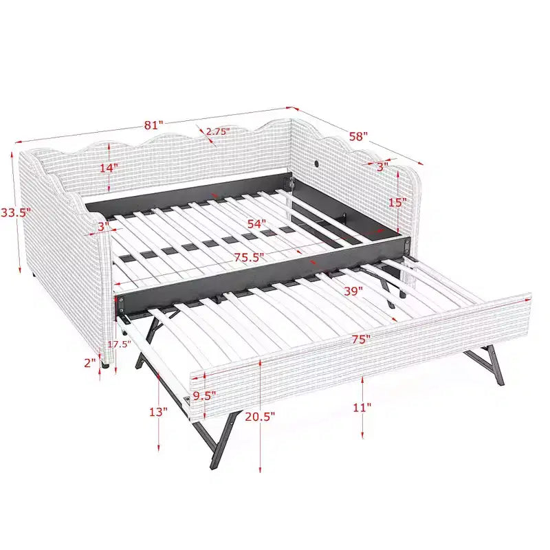 Full Size Gingham Daybed with USB Port & Pull-Out Trundle, Wave Shaped Bed Frame for Bedroom and Living Room.