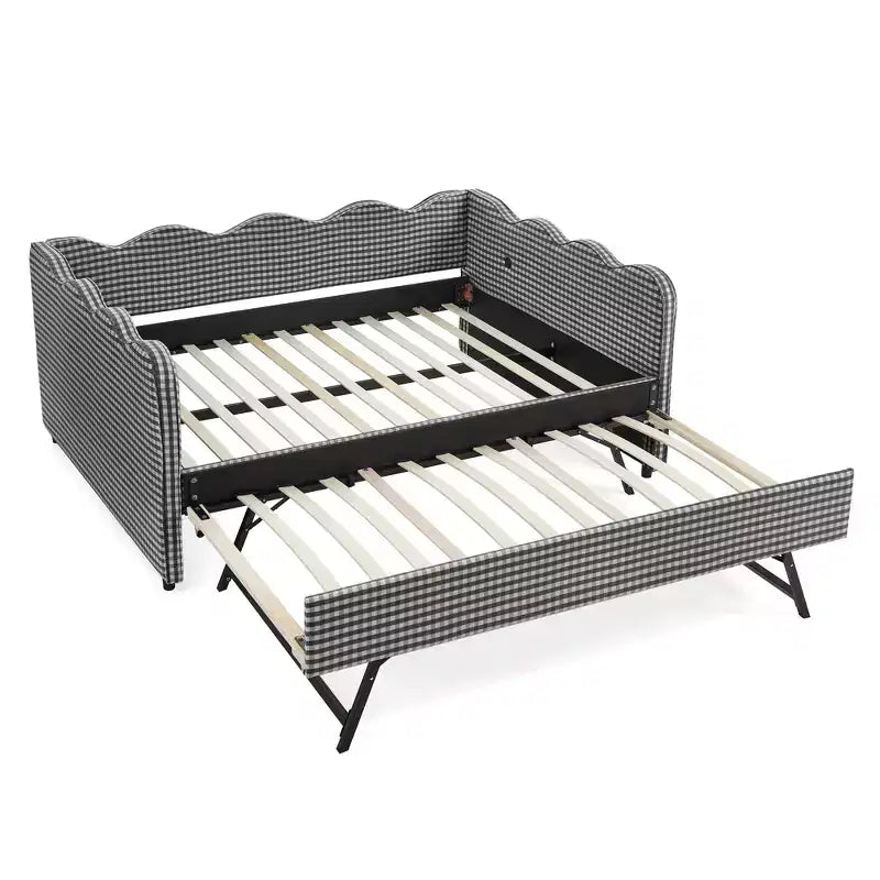 Full Size Gingham Daybed with USB Port & Pull-Out Trundle, Wave Shaped Bed Frame for Bedroom and Living Room.