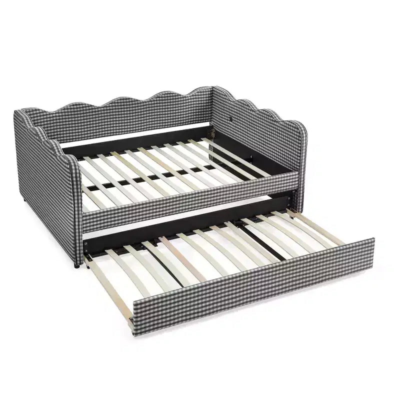 Full Size Gingham Daybed with USB Port & Pull-Out Trundle, Wave Shaped Bed Frame for Bedroom and Living Room.