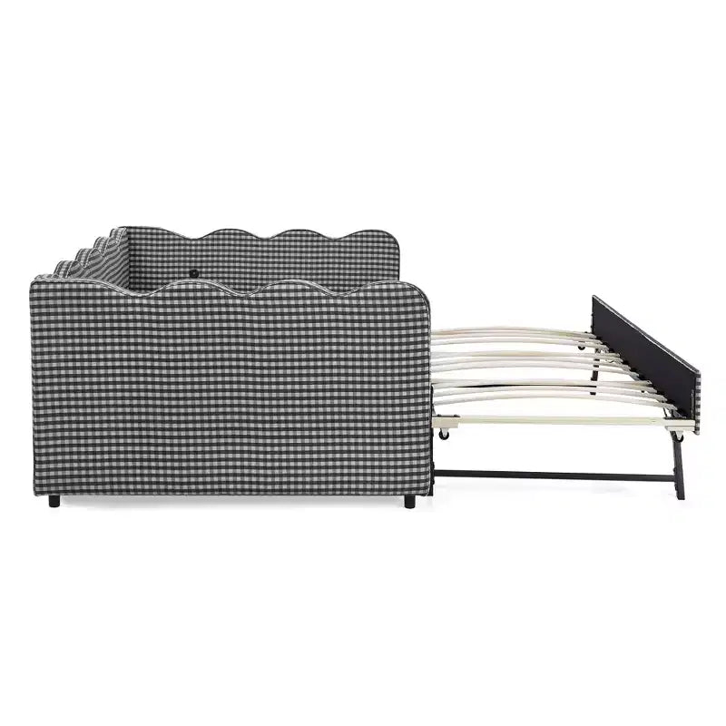 Full Size Gingham Daybed with USB Port & Pull-Out Trundle, Wave Shaped Bed Frame for Bedroom and Living Room.