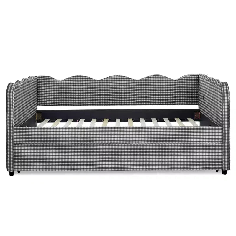 Full Size Gingham Daybed with USB Port & Pull-Out Trundle, Wave Shaped Bed Frame for Bedroom and Living Room.