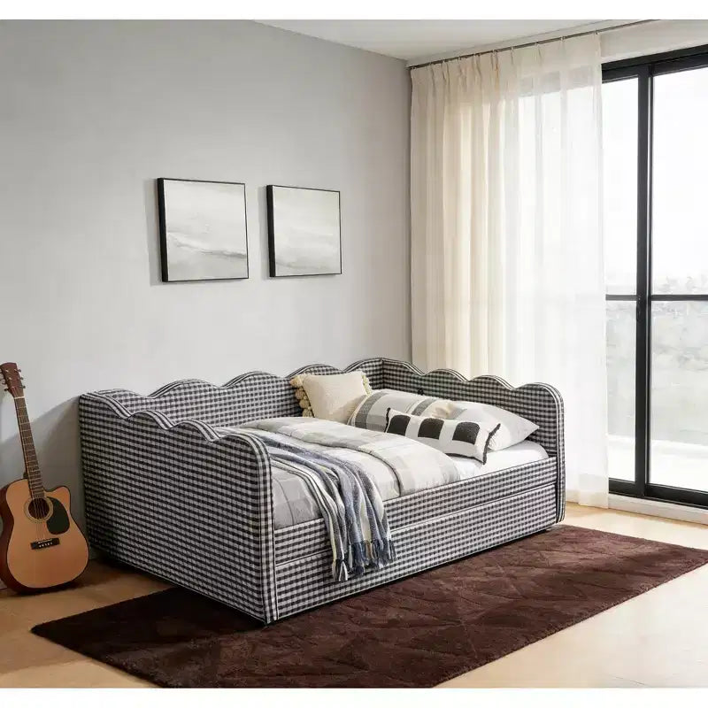 Bellemave Full Size Gingham Daybed with USB Port & Pull-Out Trundle, Wave Shaped Bed Frame for Bedroom and Living Room.