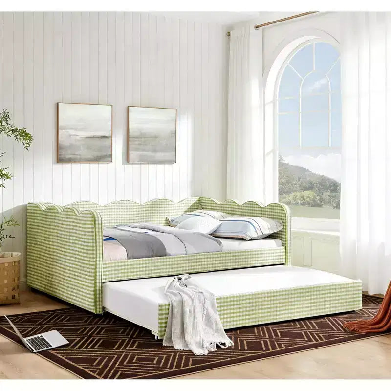 Full Size Gingham Daybed with USB Port & Pull-Out Trundle, Wave Shaped Bed Frame for Bedroom and Living Room.