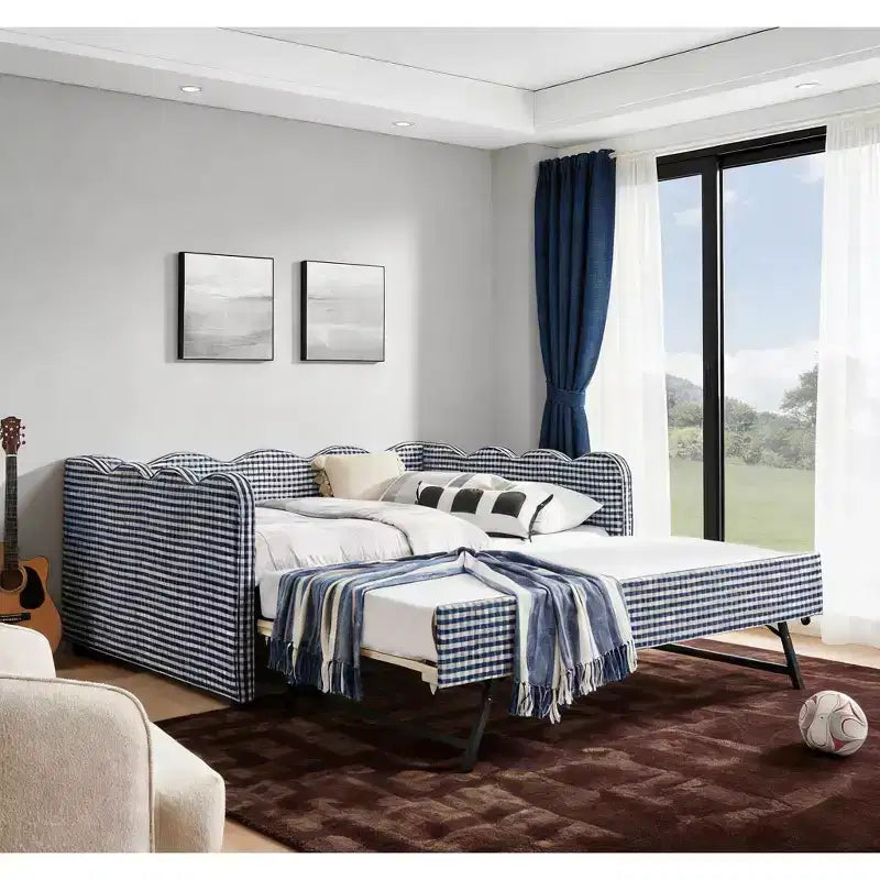 Full Size Gingham Daybed with USB Port & Pull-Out Trundle, Wave Shaped Bed Frame for Bedroom and Living Room.