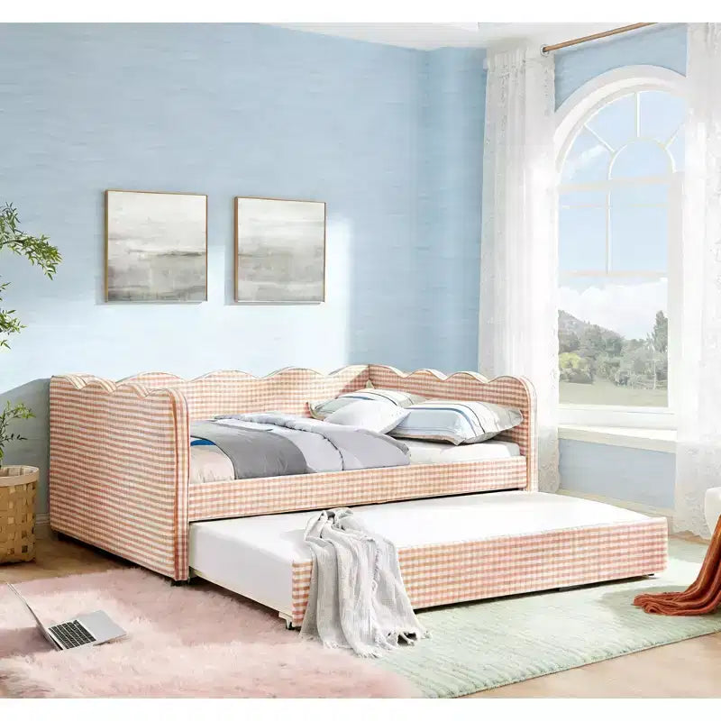 Full Size Gingham Daybed with USB Port & Pull-Out Trundle, Wave Shaped Bed Frame for Bedroom and Living Room.
