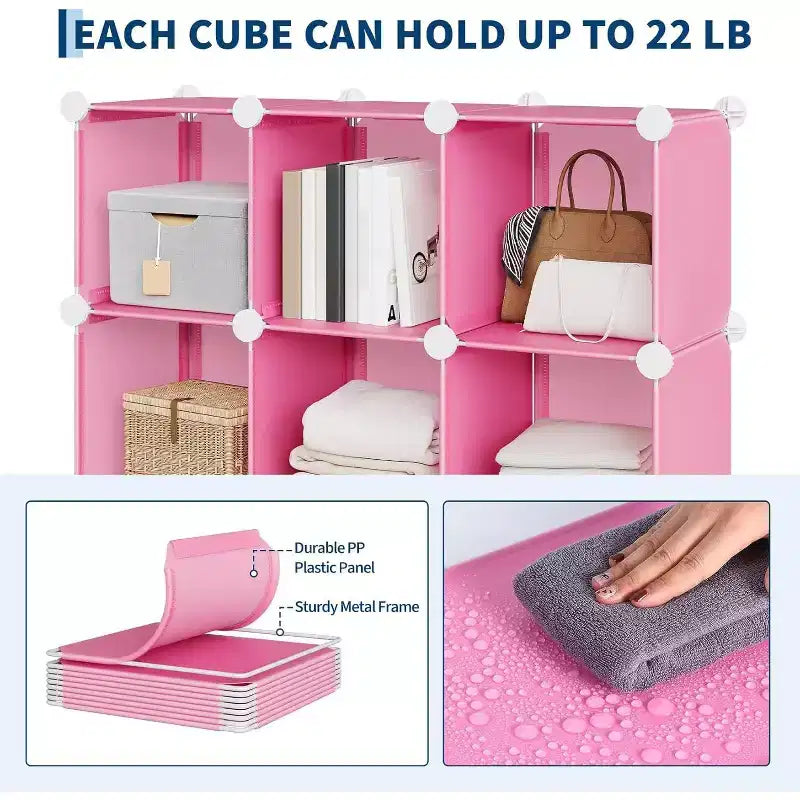 9-Cube PVC Storage Organizer, Modular Shelf Unit with Easy Assembly for Bedroom & Living Room, Pink