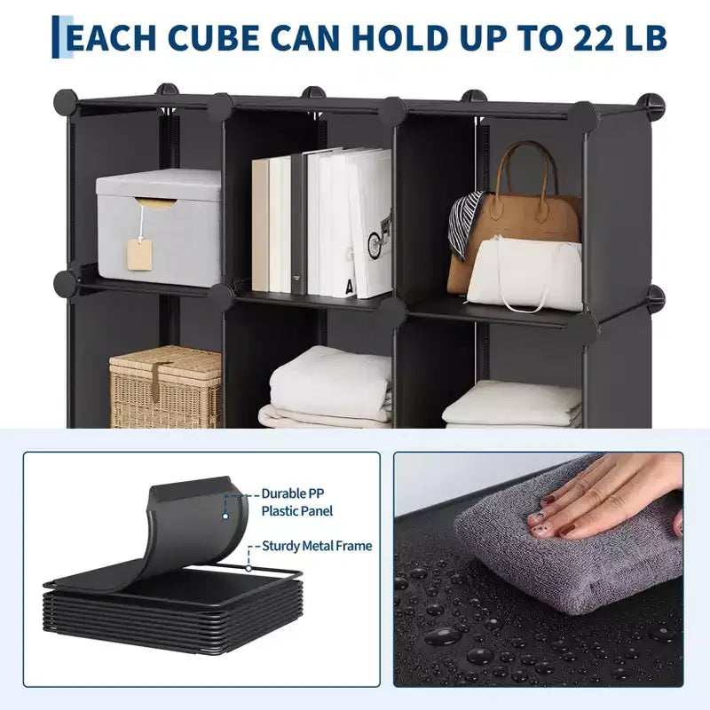 12-Cube PVC Storage Organizer, Multifunctional Cabinet with Stackable Design for Home Office, Black
