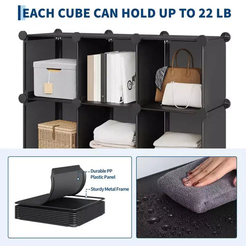 12-Cube PVC Storage Organizer, Multifunctional Cabinet with Stackable Design for Home Office, Black