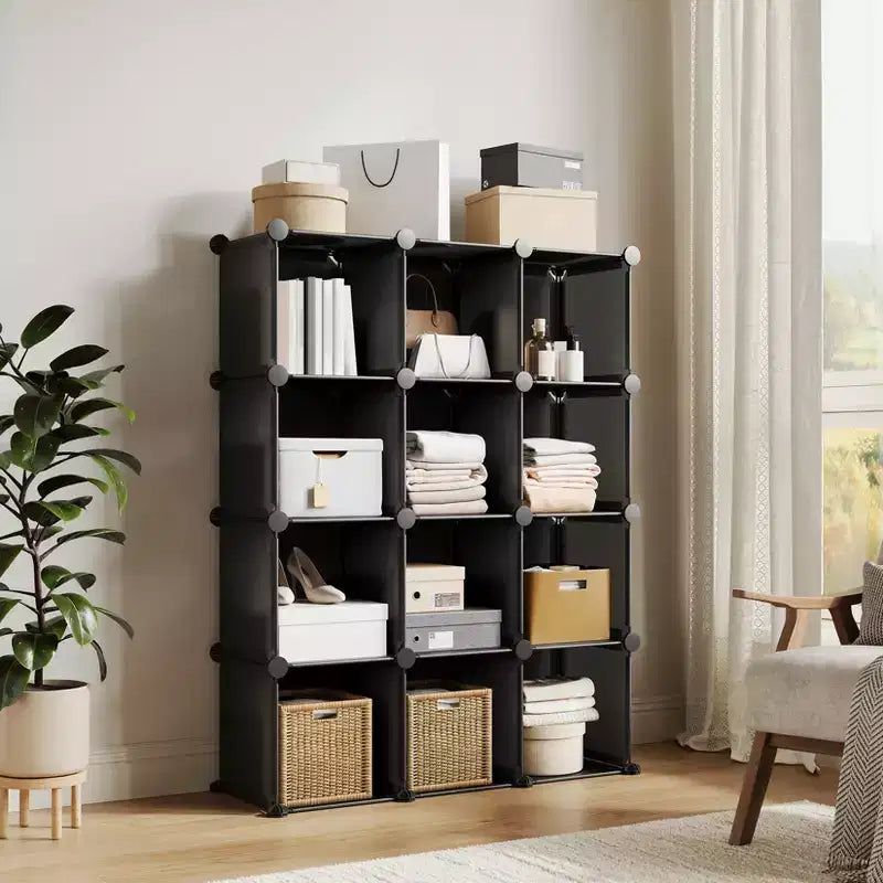 12-Cube PVC Storage Organizer, Multifunctional Cabinet with Stackable Design for Home Office, Black