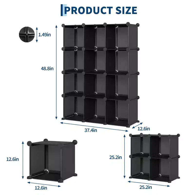 12-Cube PVC Storage Organizer, Multifunctional Cabinet with Stackable Design for Home Office, Black