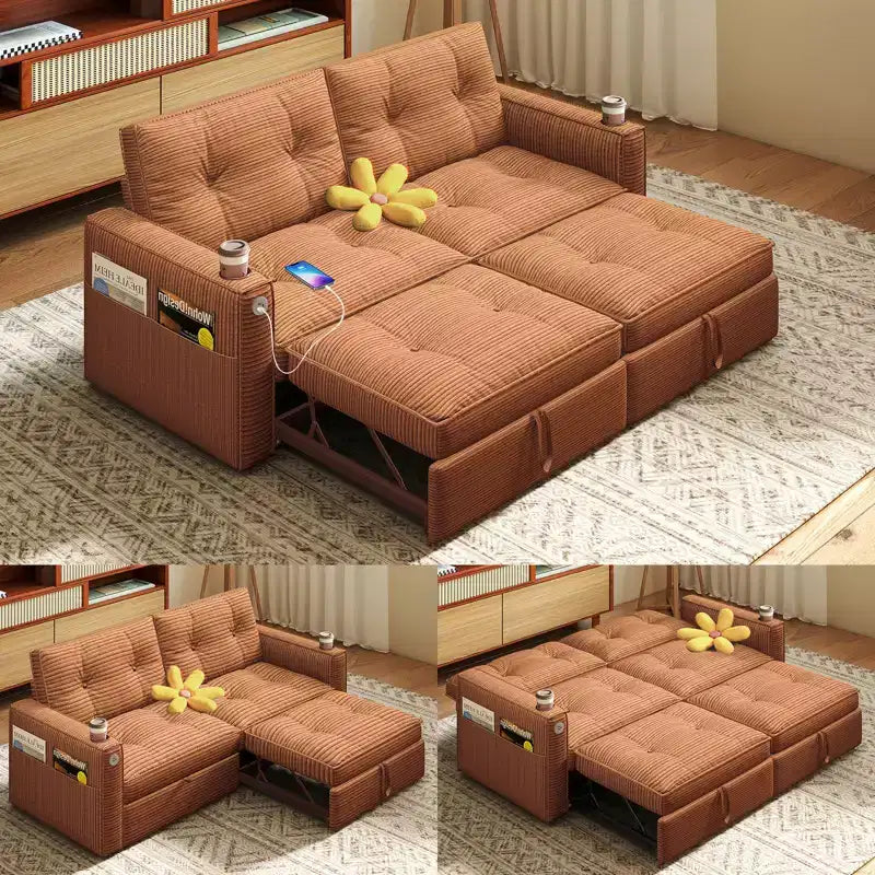 MooxvMoo 73 Queen Size Loveseat Sleeper Sofa w/ Pull Out Bed, Pockets and USB, Modern 2 Seater Convertible Small Couch for Living Room, Orange