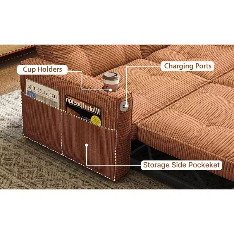 73 Queen Size Loveseat Sleeper Sofa w/ Pull Out Bed, Pockets and USB, Modern 2 Seater Convertible Small Couch for Living Room, Orange