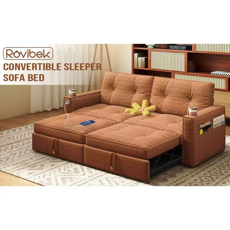 73 Queen Size Loveseat Sleeper Sofa w/ Pull Out Bed, Pockets and USB, Modern 2 Seater Convertible Small Couch for Living Room, Orange