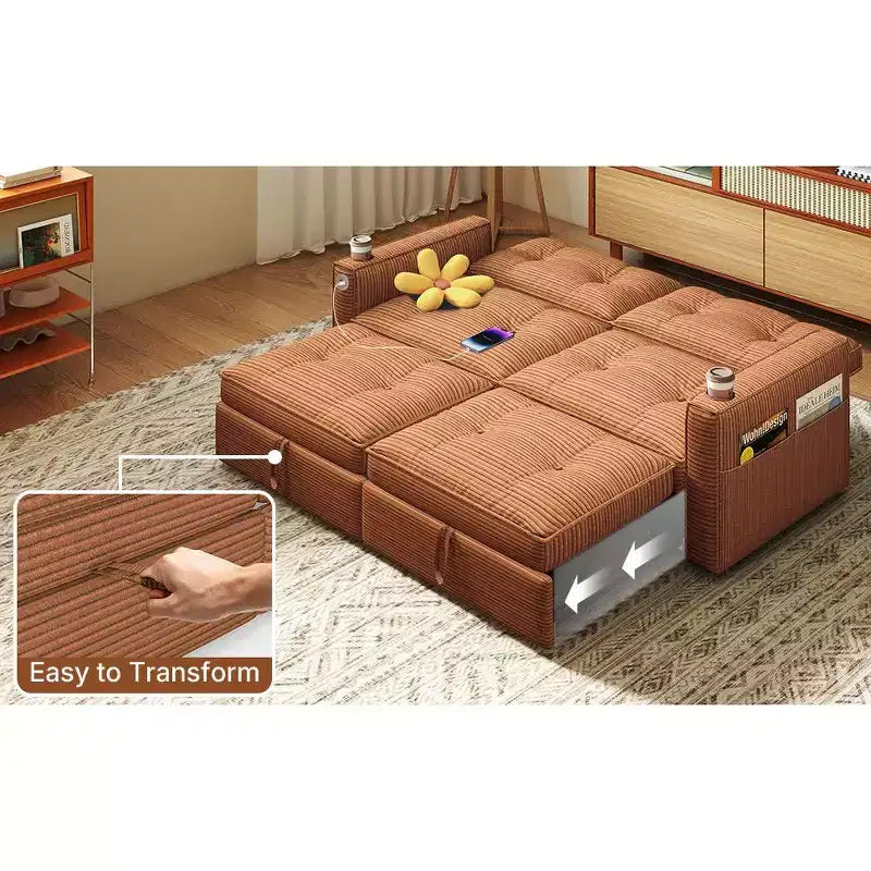 73 Queen Size Loveseat Sleeper Sofa w/ Pull Out Bed, Pockets and USB, Modern 2 Seater Convertible Small Couch for Living Room, Orange