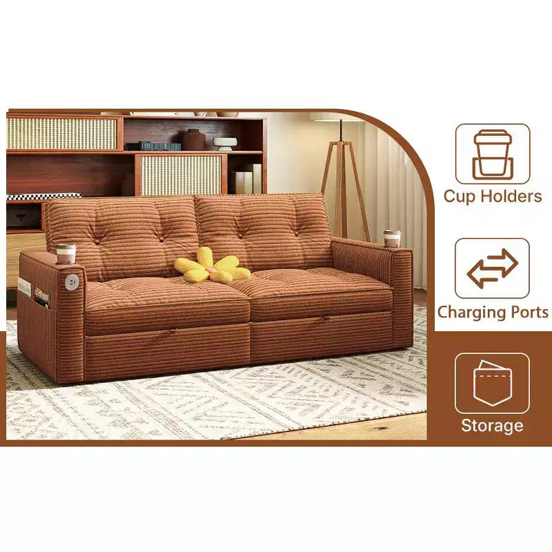 73 Queen Size Loveseat Sleeper Sofa w/ Pull Out Bed, Pockets and USB, Modern 2 Seater Convertible Small Couch for Living Room, Orange