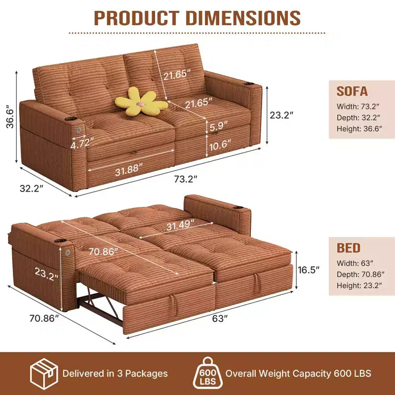 73 Queen Size Loveseat Sleeper Sofa w/ Pull Out Bed, Pockets and USB, Modern 2 Seater Convertible Small Couch for Living Room, Orange