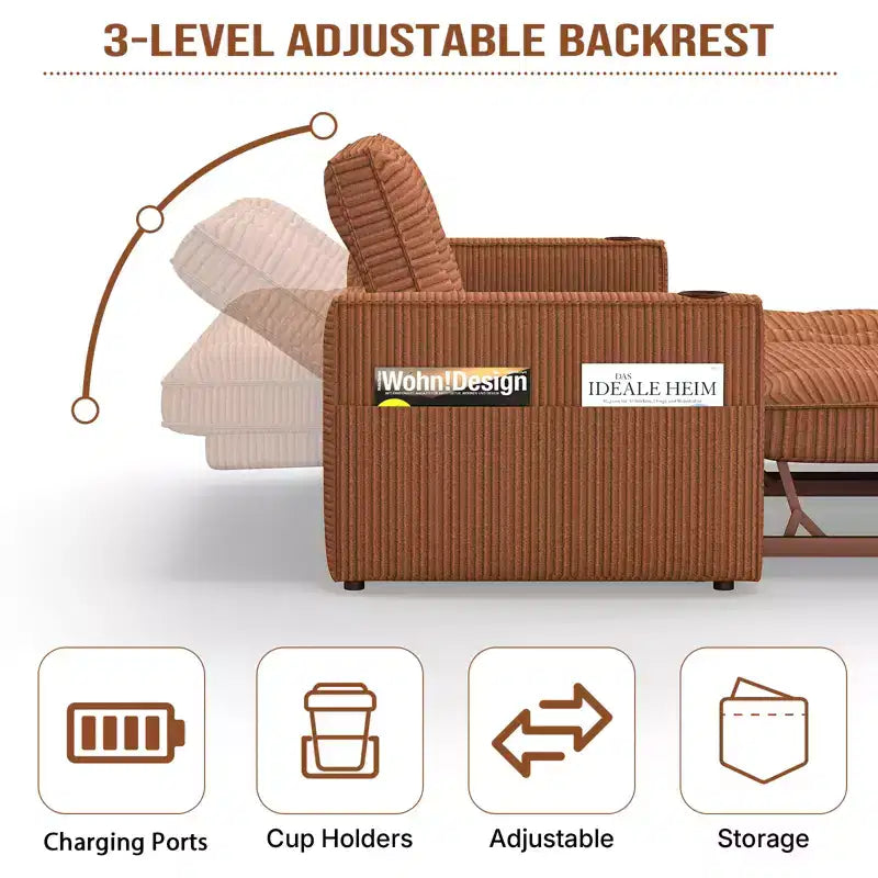 73 Queen Size Loveseat Sleeper Sofa w/ Pull Out Bed, Pockets and USB, Modern 2 Seater Convertible Small Couch for Living Room, Orange