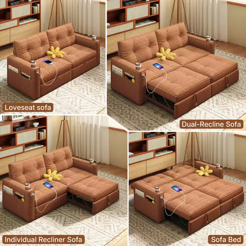 73 Queen Size Loveseat Sleeper Sofa w/ Pull Out Bed, Pockets and USB, Modern 2 Seater Convertible Small Couch for Living Room, Orange