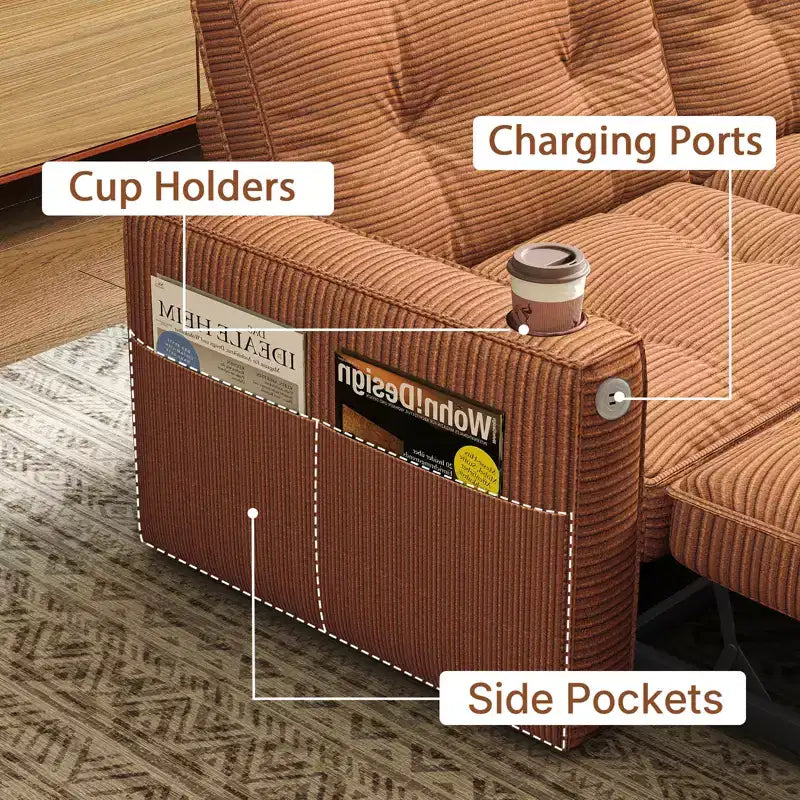 73 Queen Size Loveseat Sleeper Sofa w/ Pull Out Bed, Pockets and USB, Modern 2 Seater Convertible Small Couch for Living Room, Orange