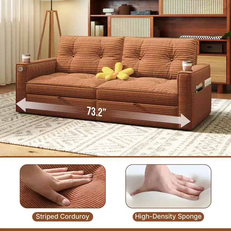 73 Queen Size Loveseat Sleeper Sofa w/ Pull Out Bed, Pockets and USB, Modern 2 Seater Convertible Small Couch for Living Room, Orange