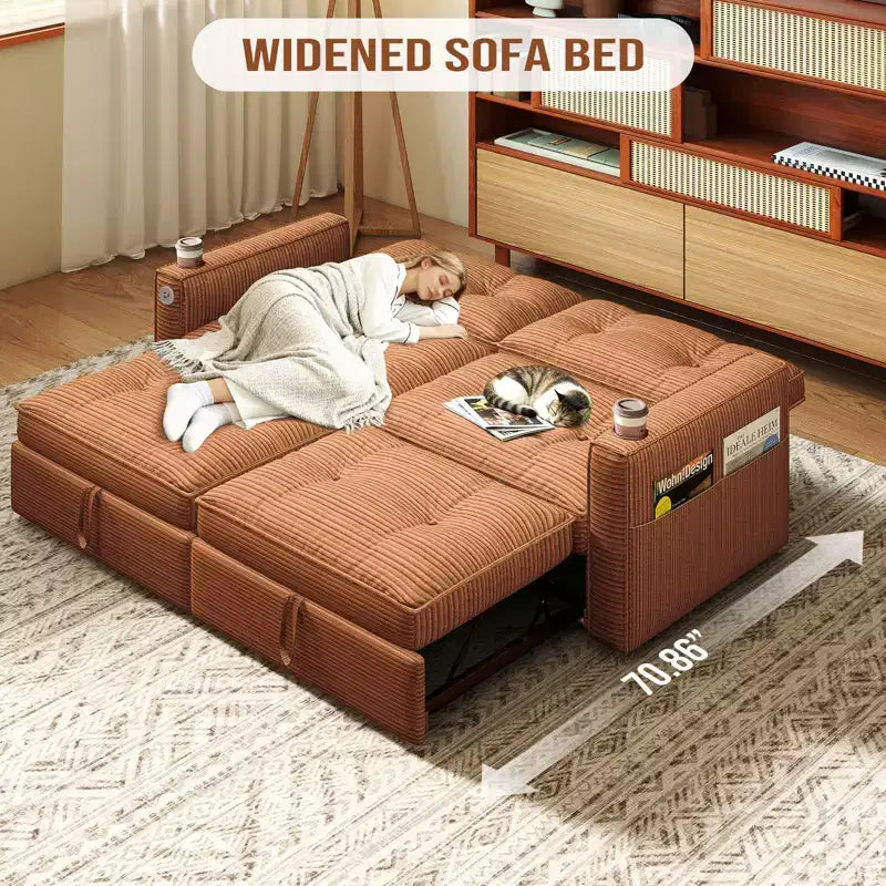 73 Queen Size Loveseat Sleeper Sofa w/ Pull Out Bed, Pockets and USB, Modern 2 Seater Convertible Small Couch for Living Room, Orange