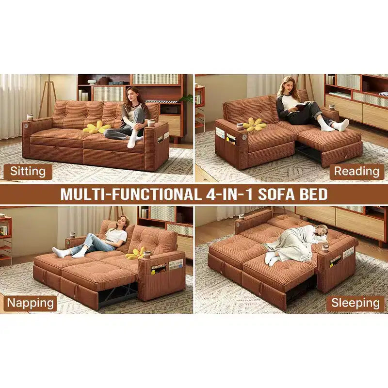 73 Queen Size Loveseat Sleeper Sofa w/ Pull Out Bed, Pockets and USB, Modern 2 Seater Convertible Small Couch for Living Room, Orange