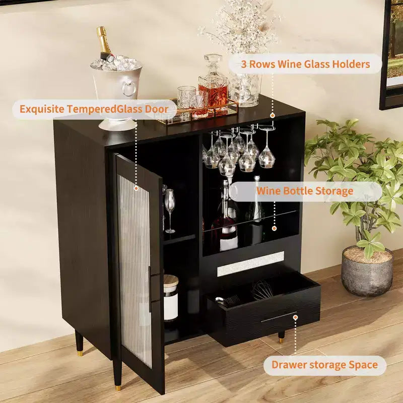 Modern Wine Bar Cabinet with Glass Door Display Wine Glass Rack, Drawers, Ample Storage Buffet Sideboard for Home, Kitchen, Dining, Living Room