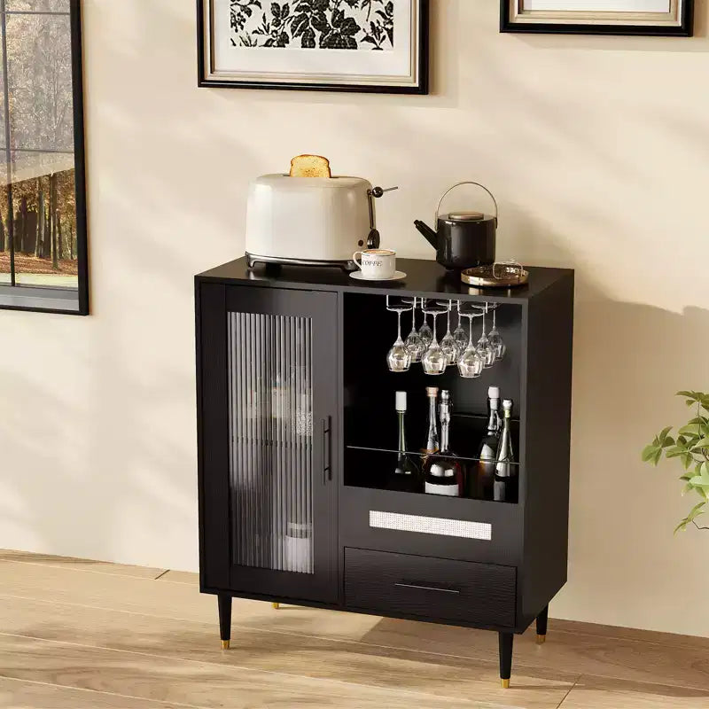 Modern Wine Bar Cabinet with Glass Door Display Wine Glass Rack, Drawers, Ample Storage Buffet Sideboard for Home, Kitchen, Dining, Living Room
