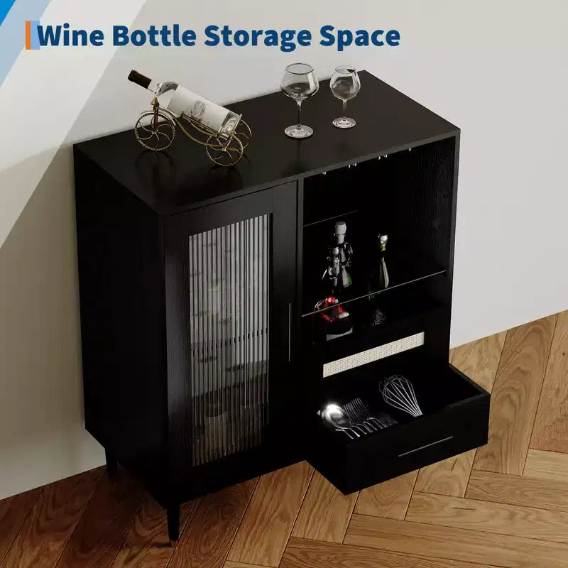 Modern Wine Bar Cabinet with Glass Door Display Wine Glass Rack, Drawers, Ample Storage Buffet Sideboard for Home, Kitchen, Dining, Living Room