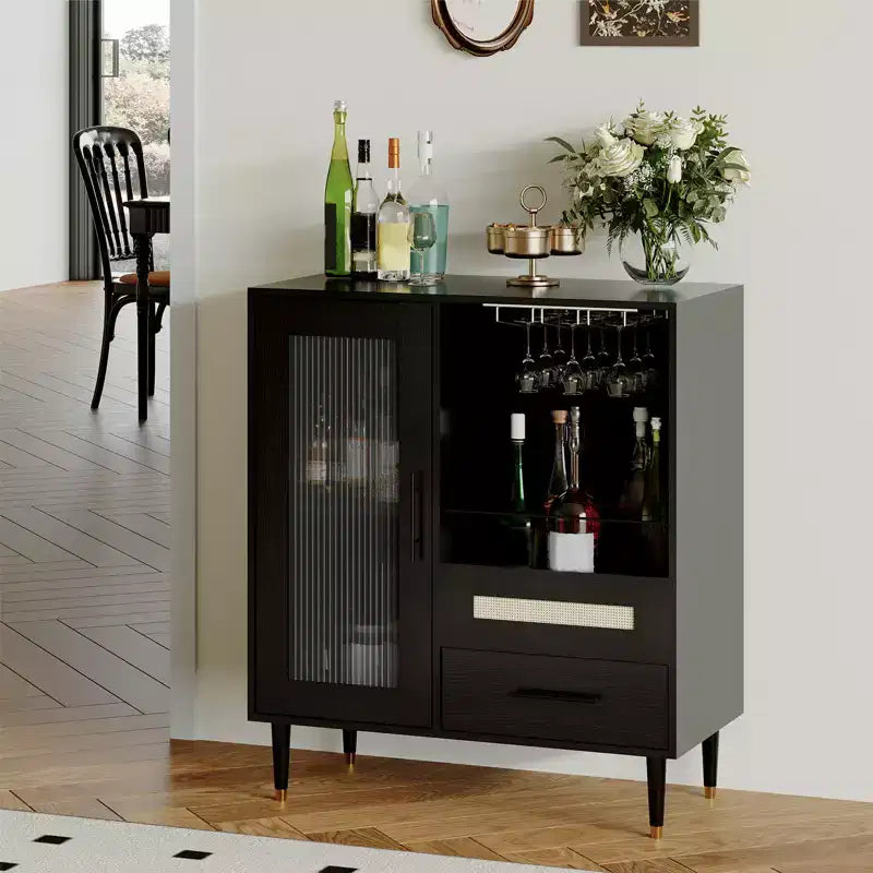 Modern Wine Bar Cabinet with Glass Door Display Wine Glass Rack, Drawers, Ample Storage Buffet Sideboard for Home, Kitchen, Dining, Living Room