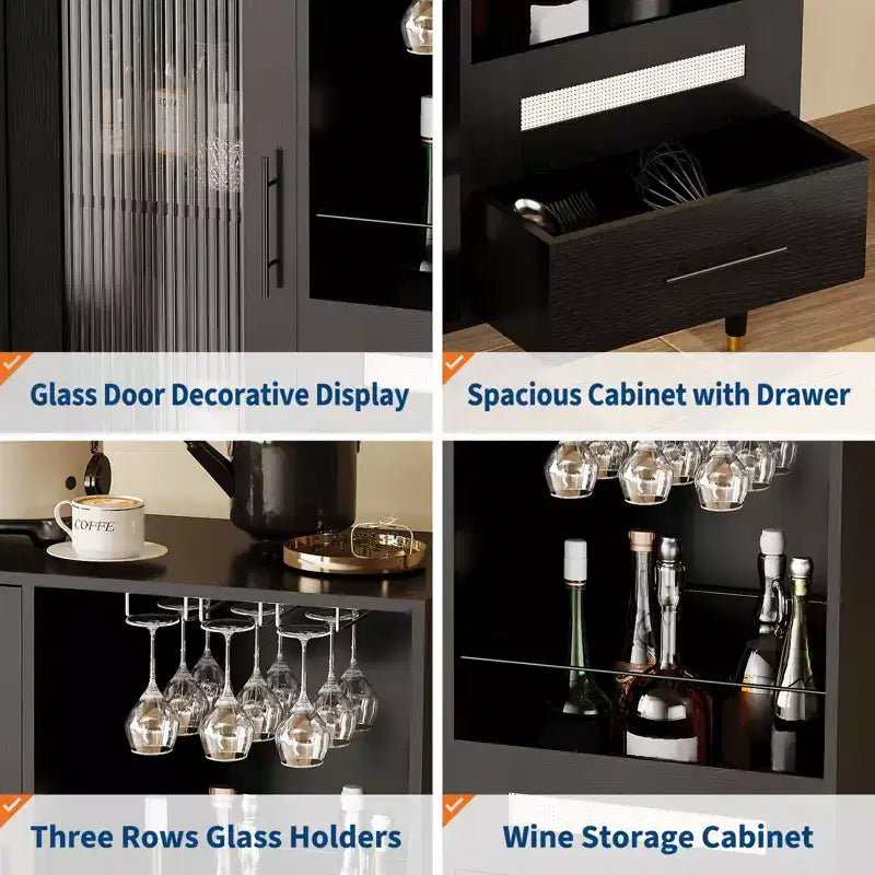 Modern Wine Bar Cabinet with Glass Door Display Wine Glass Rack, Drawers, Ample Storage Buffet Sideboard for Home, Kitchen, Dining, Living Room