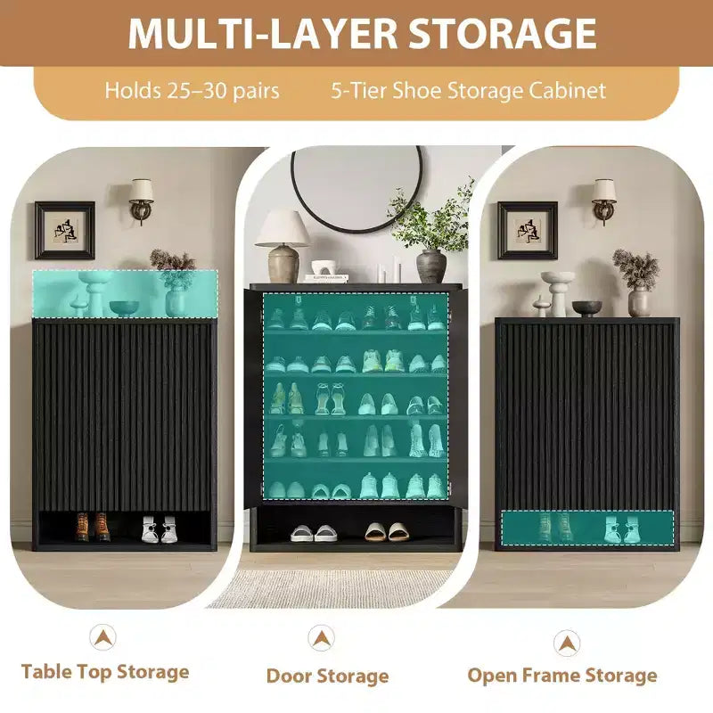 31.5Inch Shoe Cabinet, Large Shoe Storage Cabinet with Adjustable Shelves, Wooden Shoe Organizer with Fluted Door Holds 2530 Pairs for Entryway