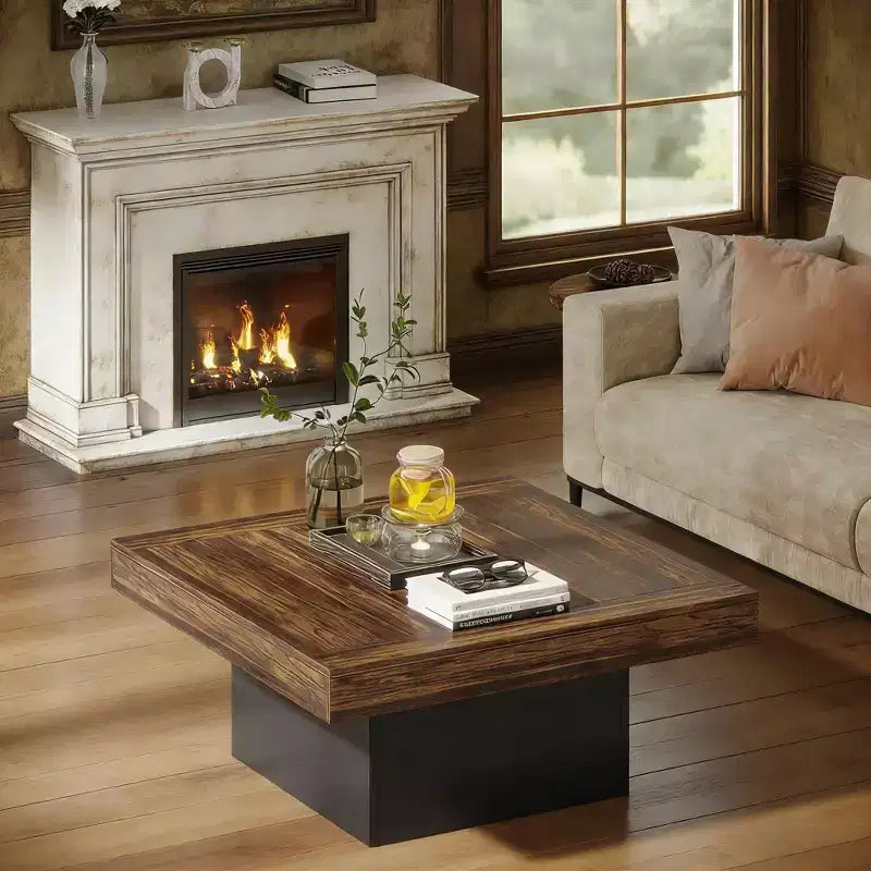 Square Coffee Table, Farmhouse Wood Cocktail Table with LED Light