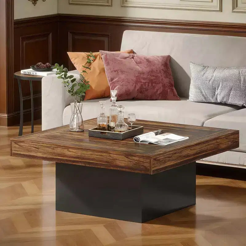 Square Coffee Table, Farmhouse Wood Cocktail Table with LED Light
