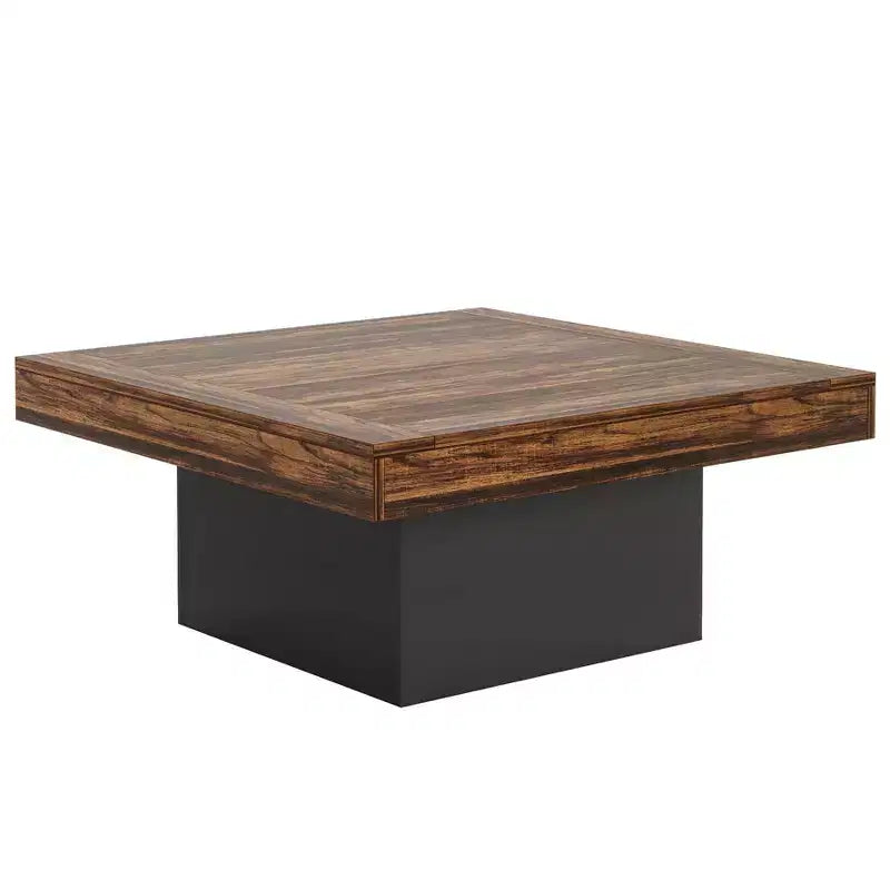 Square Coffee Table, Farmhouse Wood Cocktail Table with LED Light